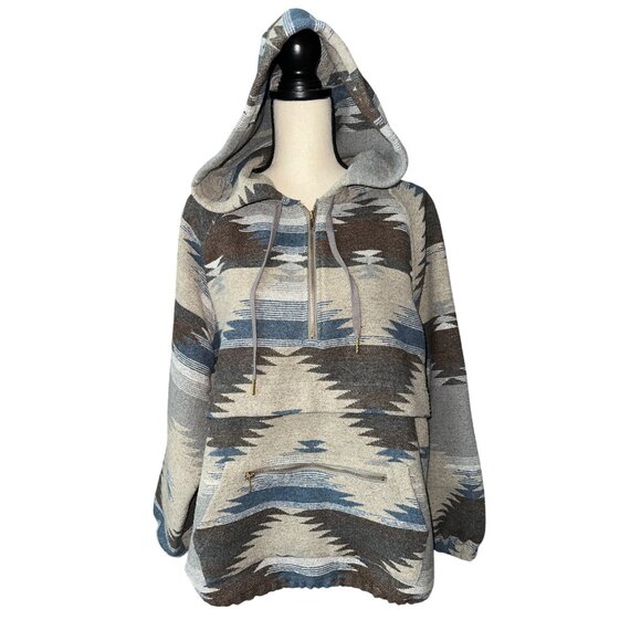 Main Strip Southwestern Aztec Print Hooded Sweatshirt Gray/Blue/Brown Soft Large - Picture 4 of 6